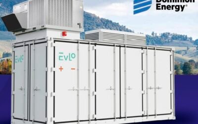Publicity image of the 'enhanced' EVLOFLEX containerised system unit, with Dominion Energy logo. Image: Businesswire, cropped by Andy Colthorpe/Solar Media